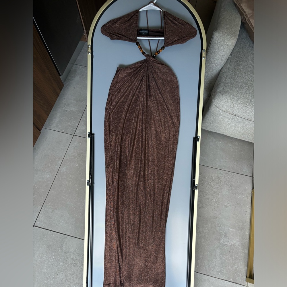 White Fox Boutique Shimmering Brown Backless Dress